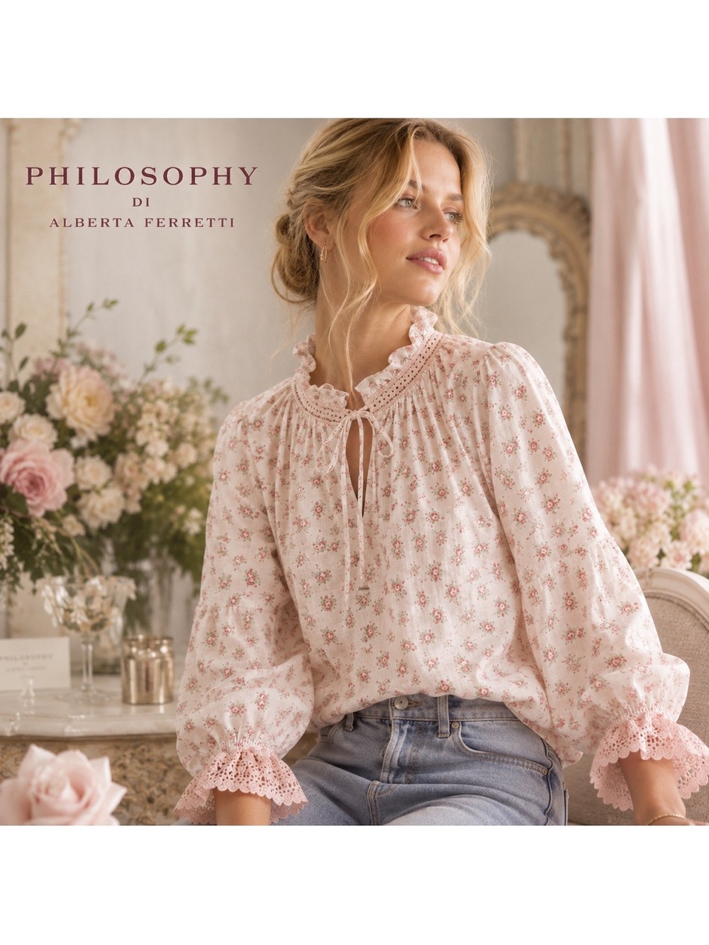 NWT ALBERTA FERETTI $498 Pink Cotton Rose Print Peasant Blouse LoveShackFancy